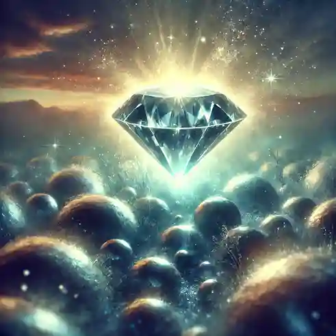 DALL·E 2025-03-20 20.46.17 - A dreamy artistic depiction of a radiant, glowing jewel surrounded by ordinary, dull stones. The jewel emits a soft, ethereal light, making it the und (1)
