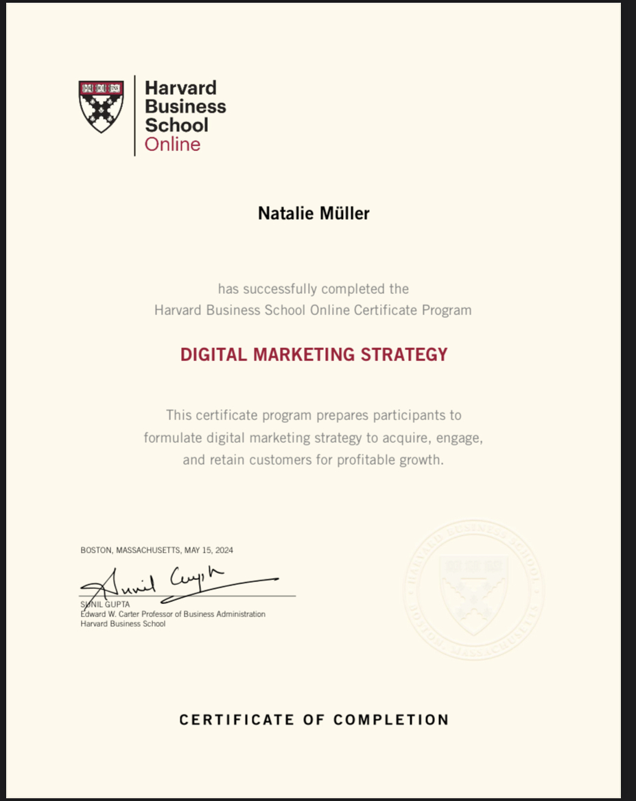 IMG_2456 Zertifikat Harvard Business School Online Natalie Müller Digital Marketing Strategy